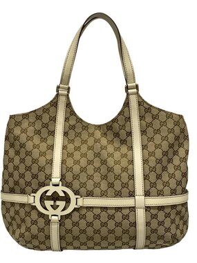 GUCCI GG 181501 Beige Dark Brown White Jacquard Leather Tote Bag